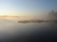 Guide dock in the morning fog.